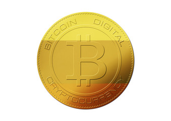 Bitcoin gold coin. Virtual cryptocurrency concept with Russia flag on white background.