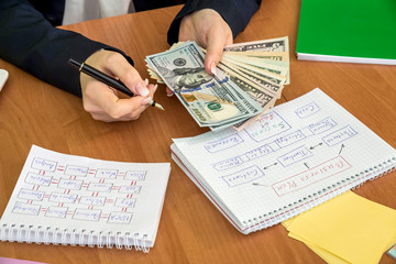 Naklejka premium Business planning with dollar bills in female hands