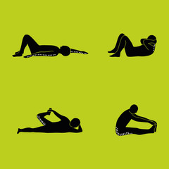 Stretching Exercise Icon Set to stretch arms, legs, back and neck. Vector silhouette.	