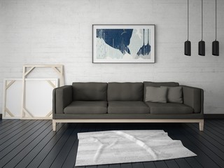 Mock up an extravagant living room with a trendy sofa and hipster background.