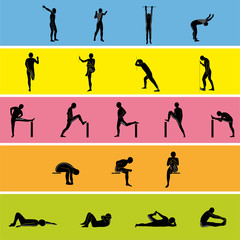 Stretching Exercise Icon Set to stretch arms, legs, back and neck. Vector silhouette.	
