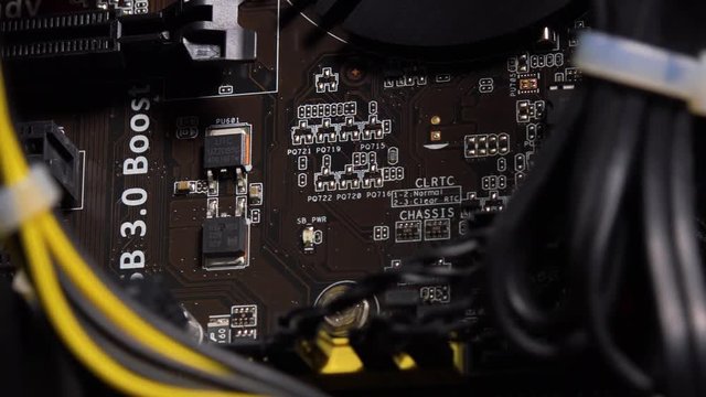 Motherboard inside a computer case - closeup