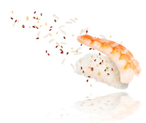 Obraz na płótnie Canvas Unfolded sushi roll with ingredients closeup on white background
