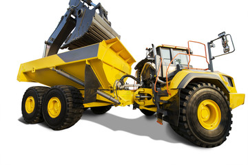 Excavator and mining truck on studio