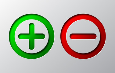 Obraz premium Paper art of red minus and green plus. Vector illustration.