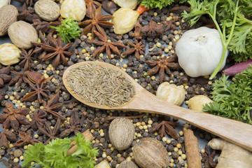 Dried cumin seeds in the wooden spoon