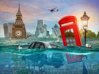 Drowning London. Surreal conceptual artwork. Photo manipulation. An idea for your cover, advertising, illustration. - obrazy, fototapety, plakaty