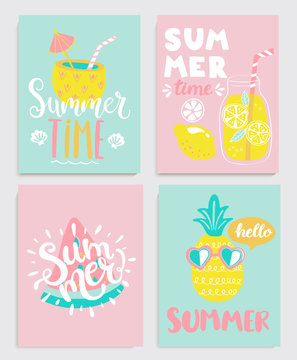 Cute set of bright summer cards with drinks,lemonade,pineapple,watermelon and handdrawn lettering and other fun elements. Perfect for summertime posters, banners, gift,print. Vector illustration.