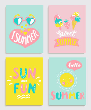 Beautiful set of bright summer cards with ice cream, sun with a bubble and handdrawn lettering and other fun elements. Perfect for summertime posters, banners, gift,print. Vector illustration.