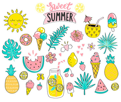 Set of sweet summer hand drawn elements (sun,tropical leaves,drinks,ice cream,watermelon,pineapple) for holiday,travel,beach vacation.Great for web,card,poster,invitation,sticker.Vector illustration.