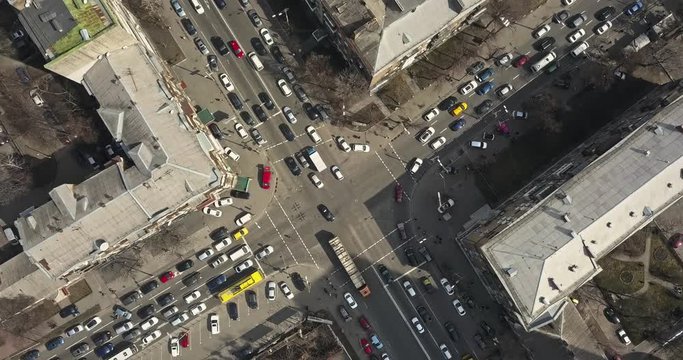 Aerial view over high traffic on the streets of the big city of Kiev, Ukraine.