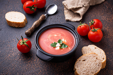 Tomato soup gazpacho in stewpan