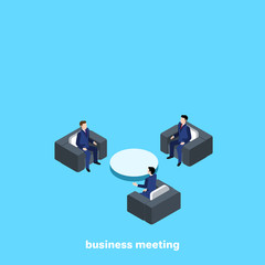 men in business suits sit in armchairs and communicate, isometric image