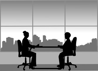 Job interview between the unemployed and businesswoman in the office, one in the series of similar images silhouette