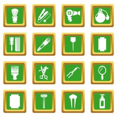 Hairdresser icons set green square vector