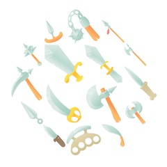 Steel arms items icons set, cartoon style