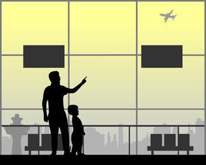 Father shows the son the plane flying at the airport, one in the series of similar images silhouette