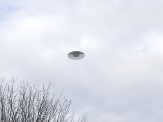 UFO Sighting, flying saucer in the cloudy sky over trees, reflective metal aircraft