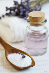 Fototapeta na wymiar Natural Ingredients for Homemade Body Foot Face Lavender Salt Scrub Oil Beauty Concept