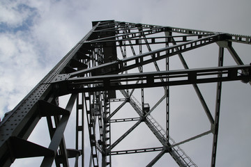 vertical lift bridge in special angle over the river Gouwe in Waddinxveen in the Netherlands