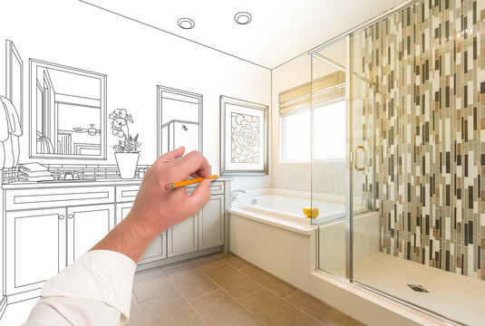 Hand Drawing Custom Master Bathroom with Cross Section of Finished Photograph.