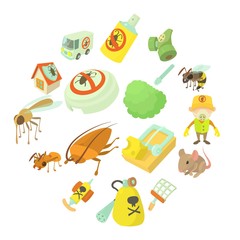 Pest control terminate icons set, cartoon style