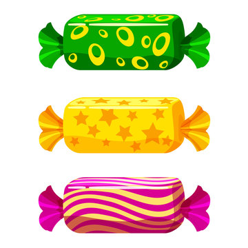 A set of sweet candies in a package of different colors, vector. Illustration of cartoon style, isolated