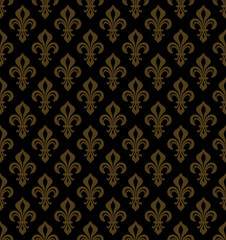 Royal Heraldic Lilies (Fleur-de-lis) — Rich black golden bronze copper velvet, seamless pattern, wallpaper background.