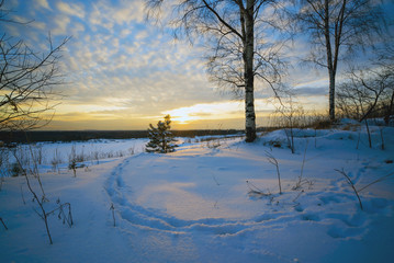 Winter landscape, sunset footprints in the snow.