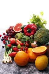 Composition with variety of raw organic vegetables and fruits. Balanced diet
