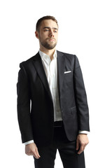Portrait of a young man dressed in business style on white background.