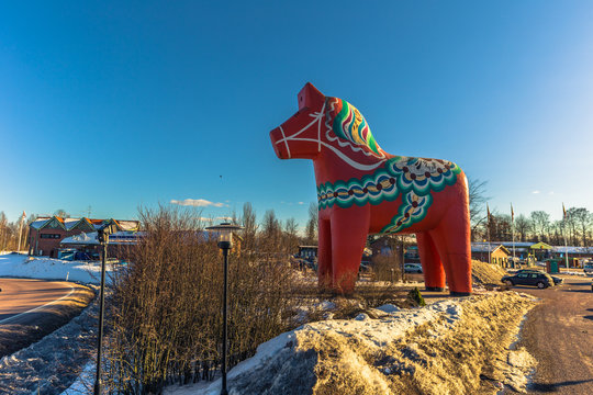 Avesta - March 29, 2018: The traditional Dalarna horse in Avesta, Sweden