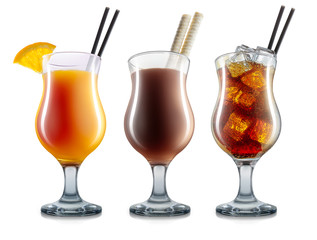 Set of cocktails or mocktails in hurricane glasses with orange and black straw isolated on white background. Clipping path