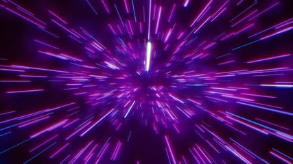 Abstract retro of warp or hyperspace motion in blue purple star trail 3d illustration