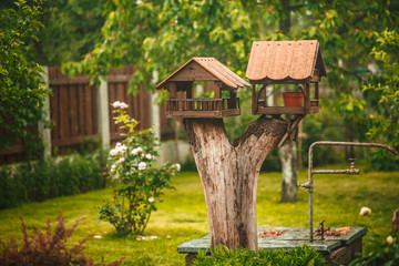homemade wooden birdhouse bird feeder in beautiful green garden