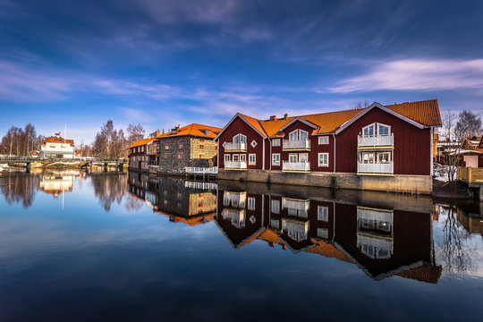 Falun - March 30, 2018: The picturesque wooden houses in the center of the town of Falun in Dalarna, Sweden