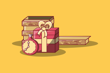 gift box and chronometer over yellow background, free delivery concept. colorful design. vector illustration