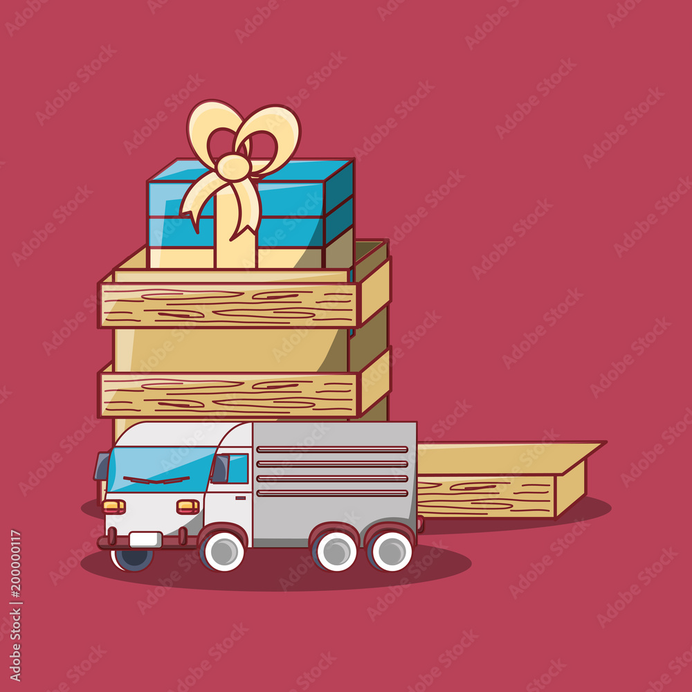 Sticker cargo truck and gift box over red background, free delivery concept, colorful design. vector illustr