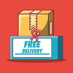 Free delivery emblem with carton box over red background, colorful design. vector illustration