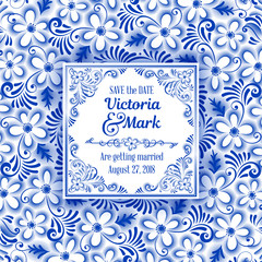 Invitation card in Russian painting style gzhel