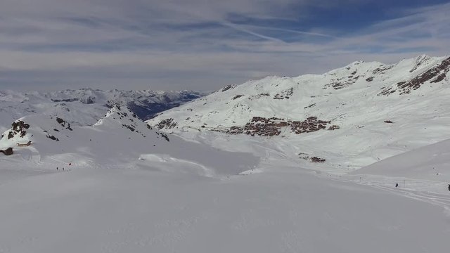 Aerial view of ski slopes and mountains