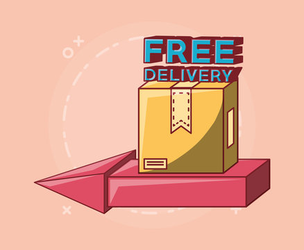 Free delivery design with arrow and  carton box over background, colorful design. vector illustration
