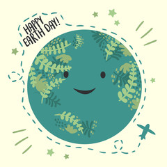 Happy Planet Earth day, April 22 ecology celebration. greeting card. vector background with sky and planet. Airplane with route around the globe. Flat vector illustration. Environmental design