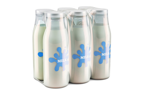 Package of glass milk bottles in shrink film, 3D rendering