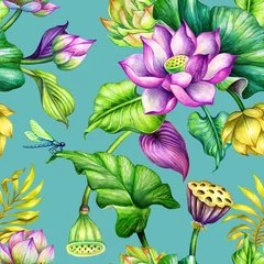 Fotobehang Lotusbloem seamless botanical pattern, watercolor repeating floral background, pink and yellow lotus flowers, tropical leaves, fashion textile design, oriental garden nature  © wacomka