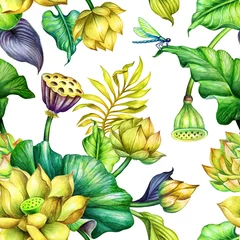Keuken spatwand met foto watercolor floral background, seamless botanical pattern, tropical leaves, yellow lotus flowers, fashion textile design, oriental garden nature © wacomka