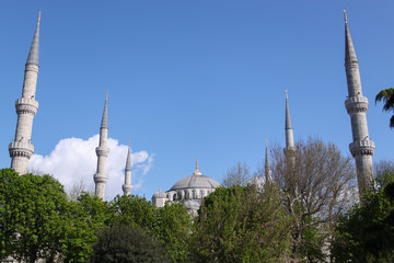 Fototapeta na wymiar Blue Mosque at Sunny Day in Istanbul, Turkey on the Background of Trees, Blue Sky and Clouds
