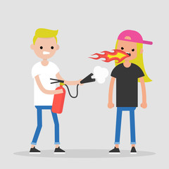 Quarrel conceptual illustration. Two arguing characters. Flames and fire extinguisher. Flat editable vector illustration, clip art