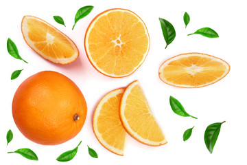 Orange with slice decorated with green leaves isolated on the white background. Flat lay pattern. Top view