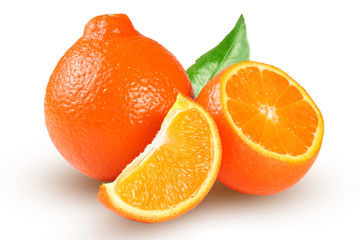 orange tangerine or mandarin with slices and leaf isolated on white background